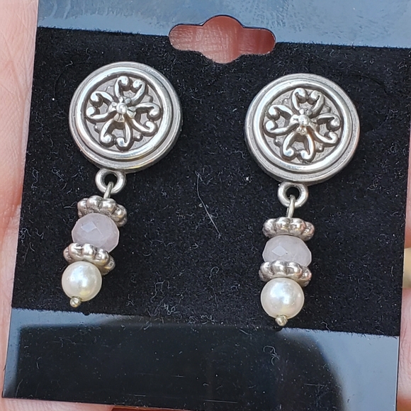 Brighton Vintage dangling rose quartz and pearl pierced Earrings - Picture 1 of 9